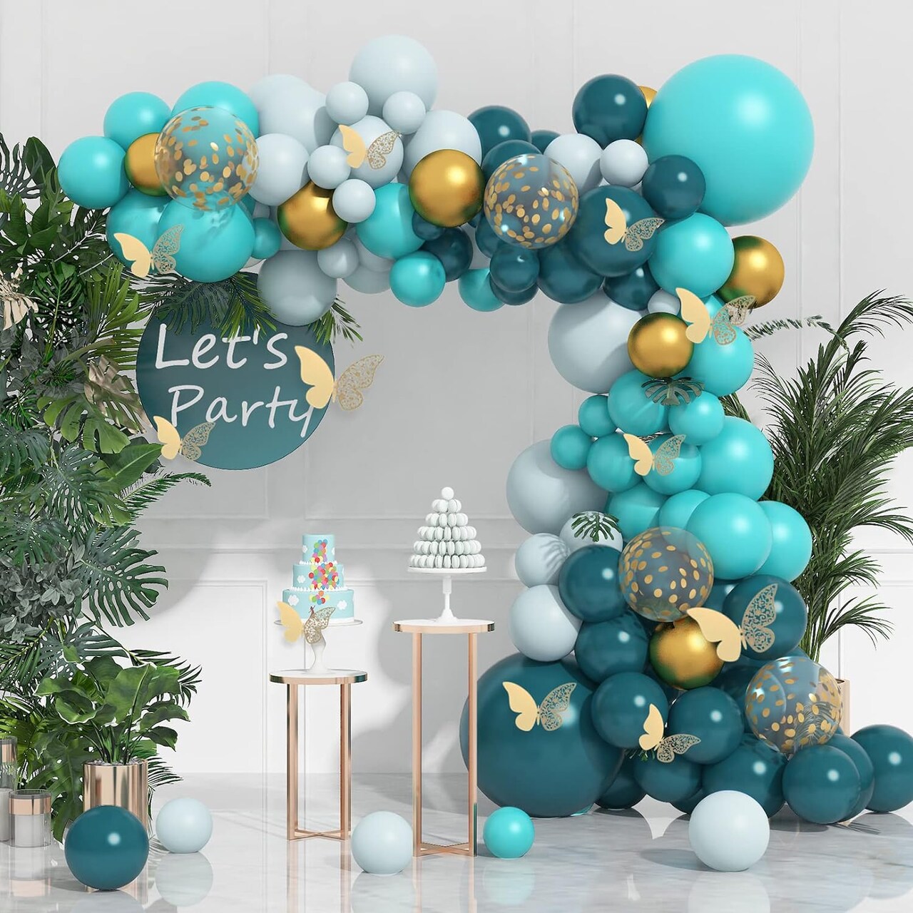 Teal Balloons Garland Arch Kit, 148Pcs Dark Teal Tiffany Blue Turquoise Metallic Gold Balloon with 12Pcs Gold Butterfly Stickers for Birthday Baby Bridal Shower Wedding Party Backdrop Decorations